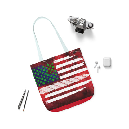 Flag Red, White And Blue Beautiful Red Background With Marijuana Pot Weed 420 Leaf Polyester Canvas Tote Bag (AOP)