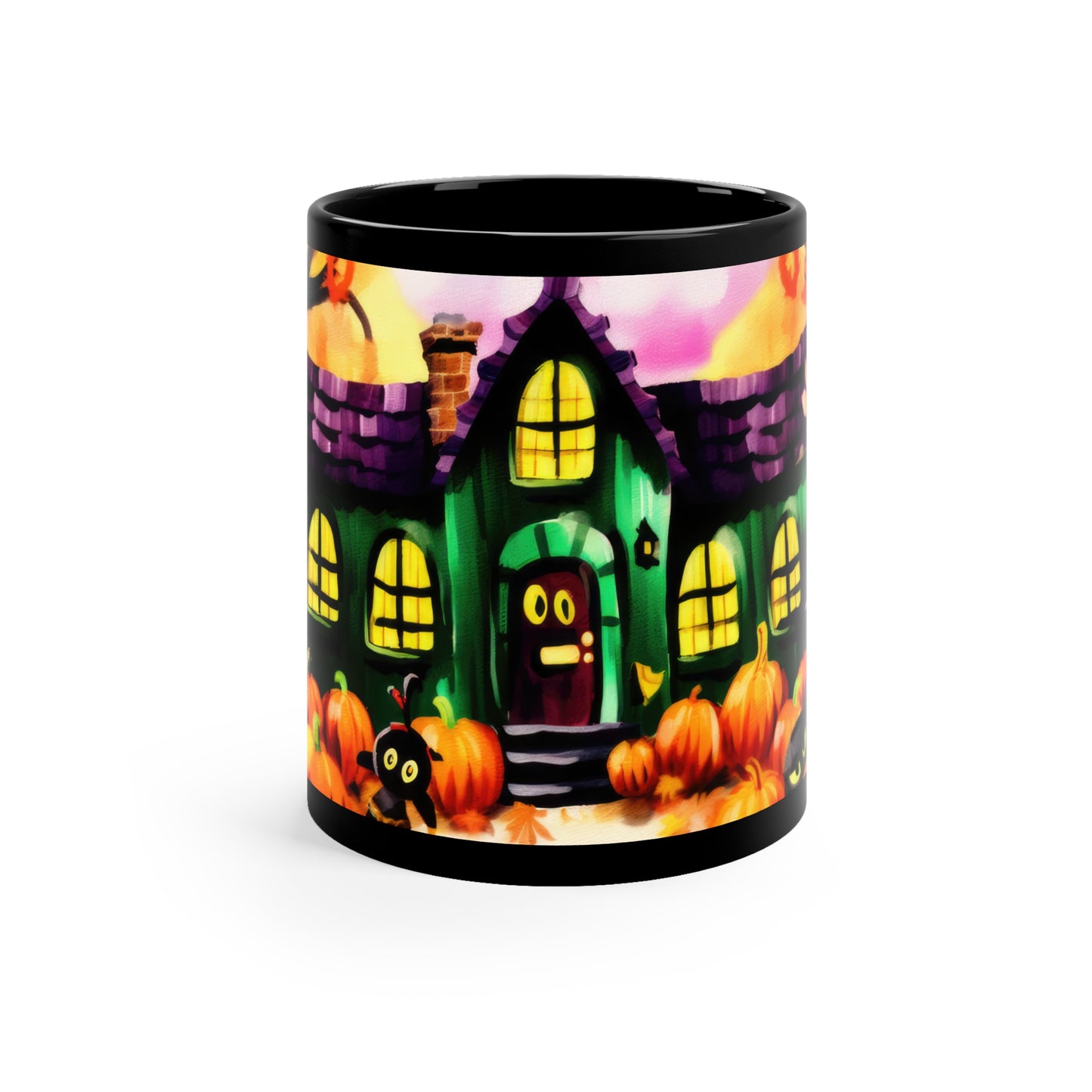 Fall Time School House With Lights On, Halloween Theme 11oz Black Mug