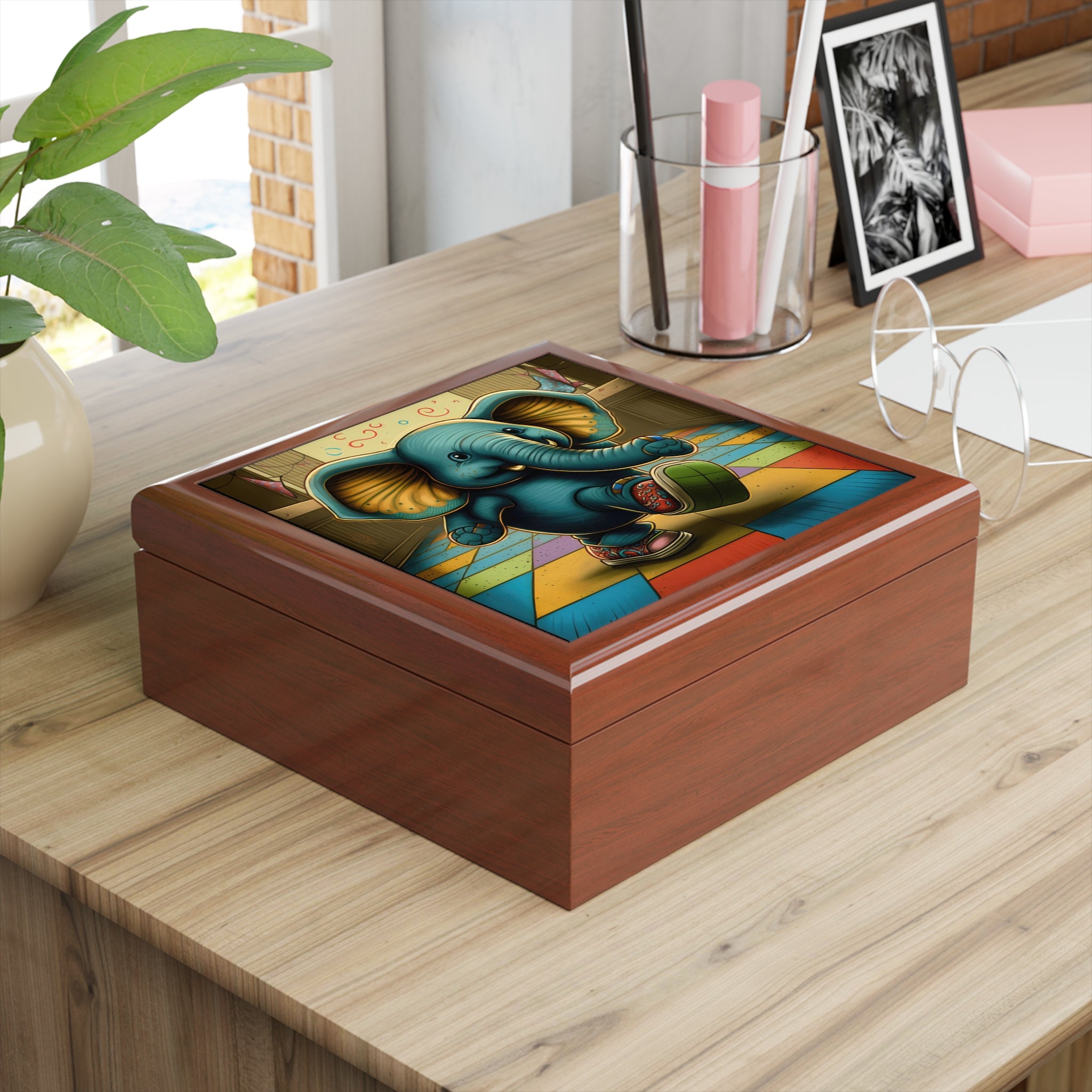Kicking Elephant With Styling Shoes and Colorful Checkered Background Jewelry Box Jewelry Box