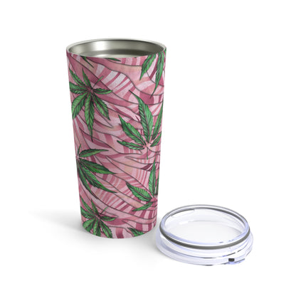 Pink Striped Background With Green Marijuana Elegantly Designed 420 Weed Tumbler 20oz