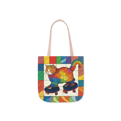 Gorgeous Rainbow Cat Riding A Skate/Skateboard With Rainbow Border Polyester Canvas Tote Bag (AOP)