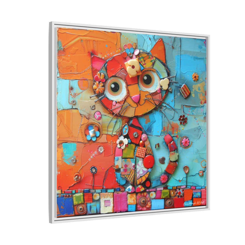 "Whimsical Mosaic Cat", Framed Mosaic Cat Art Print — Colorful Modern Wall Canvas