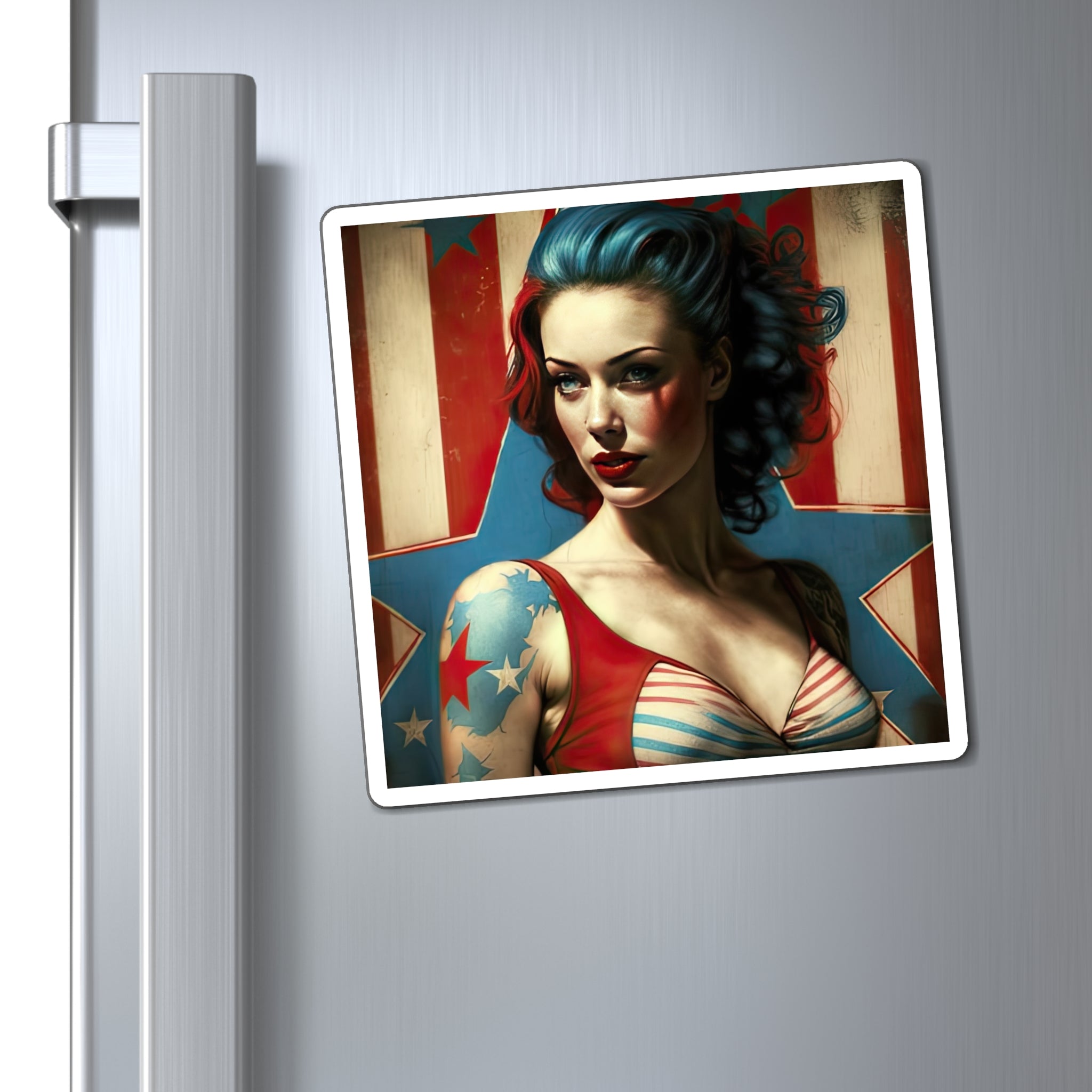 Retro Tattooed Pinup Blue, Red And White Star Magnet Style Two