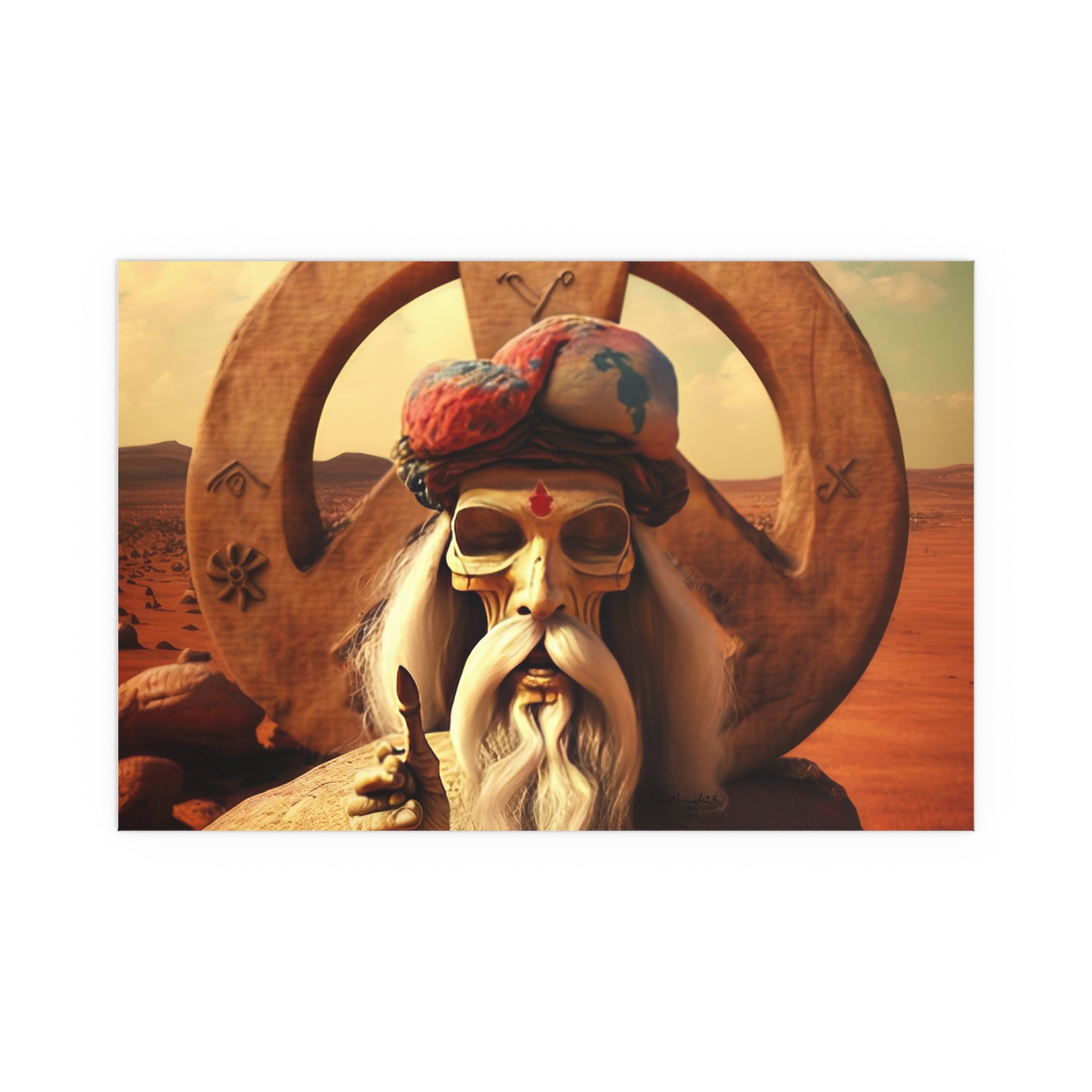 Wise Man In Dessert With Beard And Peace Sign Indoor and Outdoor Silk Posters