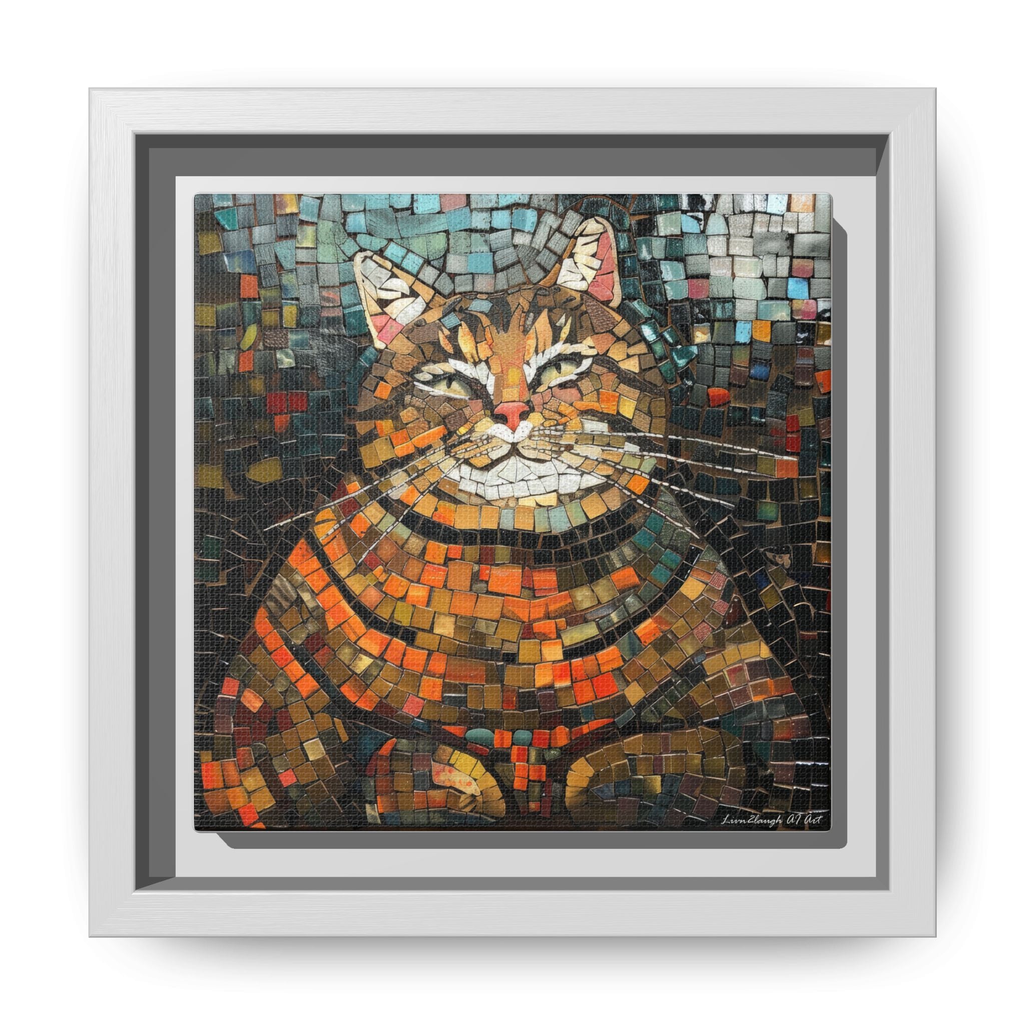 Mosaic Majesty: The Regal Cat, Framed Mosaic Cat Art Print — Colorful Modern Wall Canvas