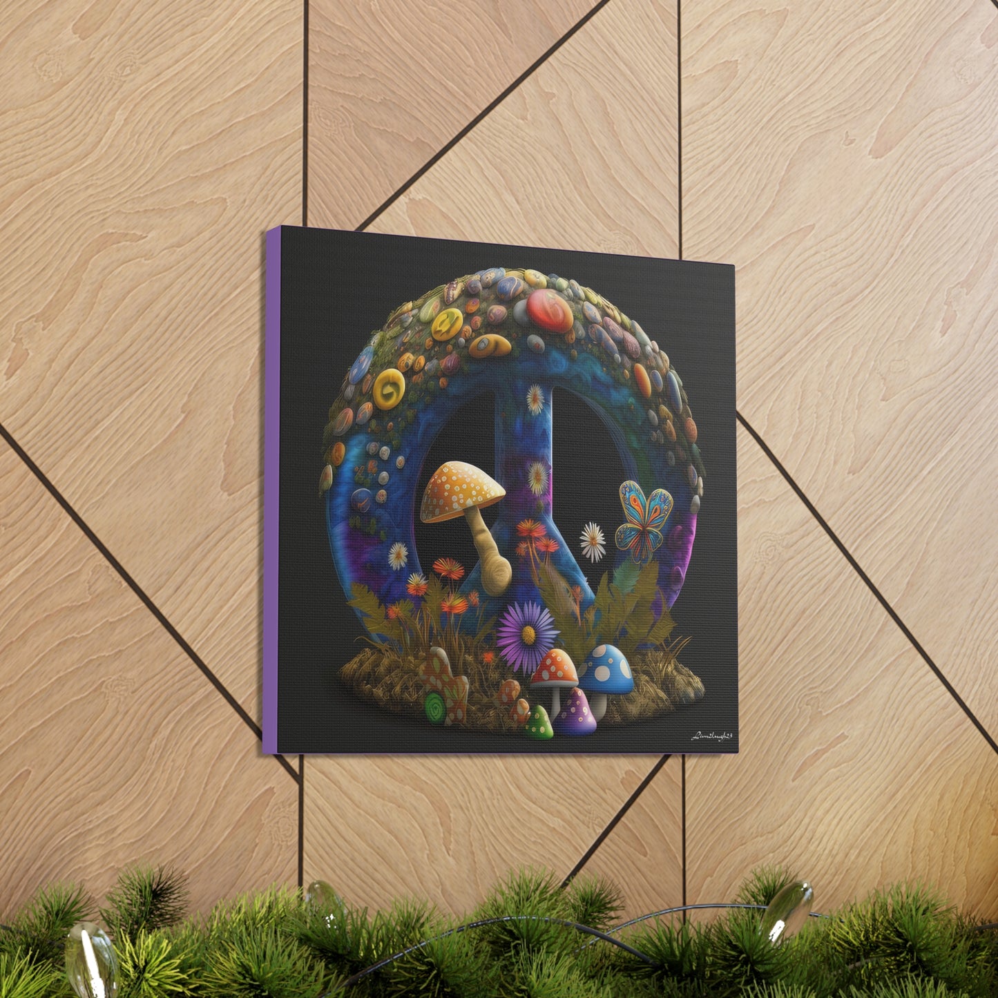 Beautiful Forest Round Peace Sign Mushrooms  Flowers And Butterfly 11 Canvas Gallery Wraps