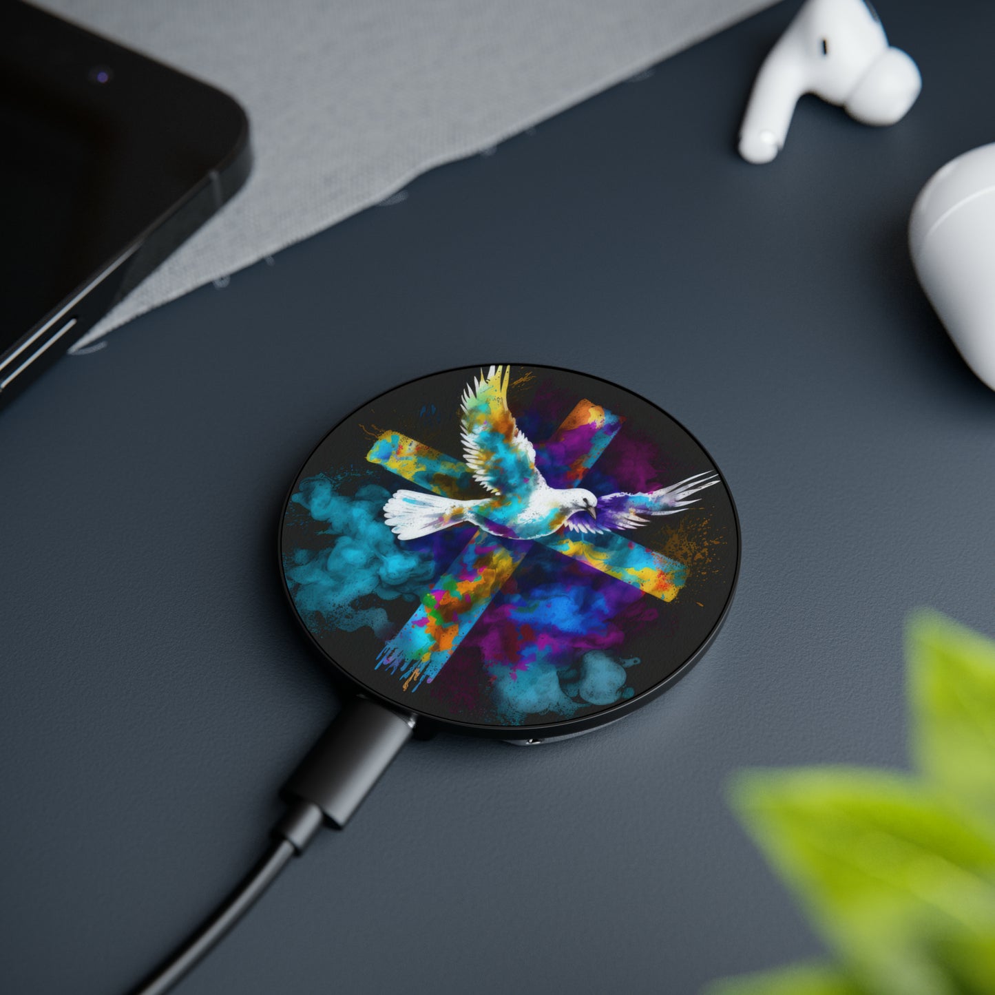 Bold And Beautiful Tie Dye Dove And Cross Style 10 Magnetic Induction Charger