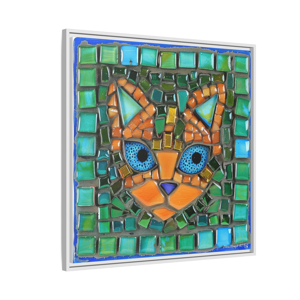 "Emerald Eyes Mosaic Cat", Framed Mosaic Cat Art Print — Colorful Modern Wall Canvas