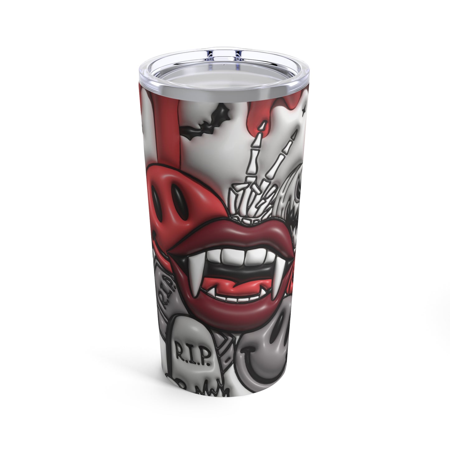 Red And Black  Hot Red Lips With Fangs, Graveyard, Bats 3-D Puffy Halloween Tumbler 20oz