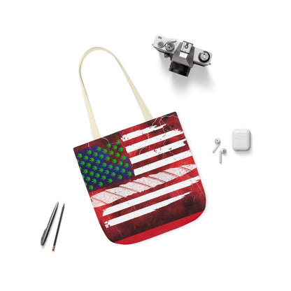 Flag Red, White And Blue Beautiful Red Background With Marijuana Pot Weed 420 Leaf Polyester Canvas Tote Bag (AOP)