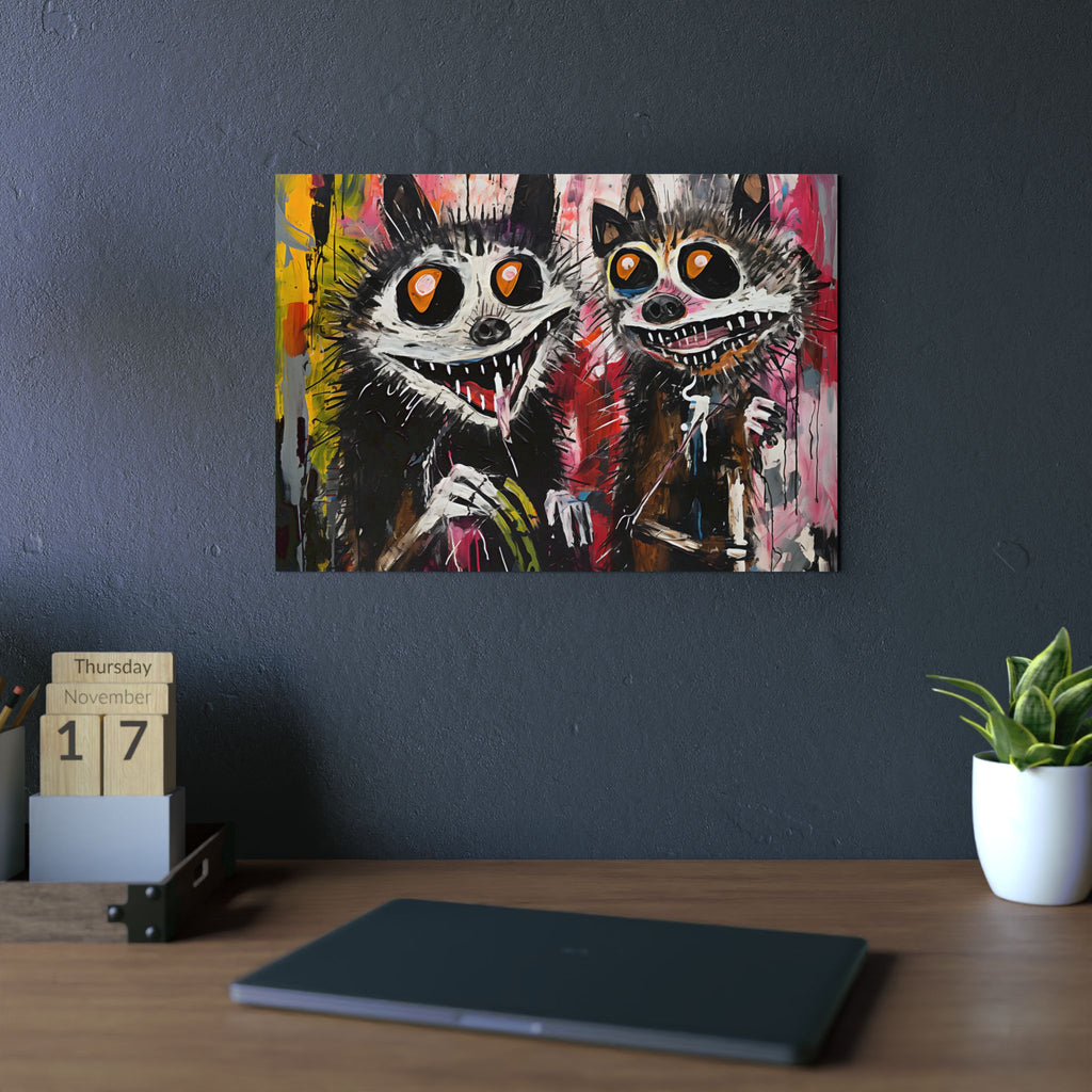 Doodle Abstract Wide Eye Racoons With Colorful Grey Pink Yellow Background By DaFlowerChild Aluminum Composite Panels