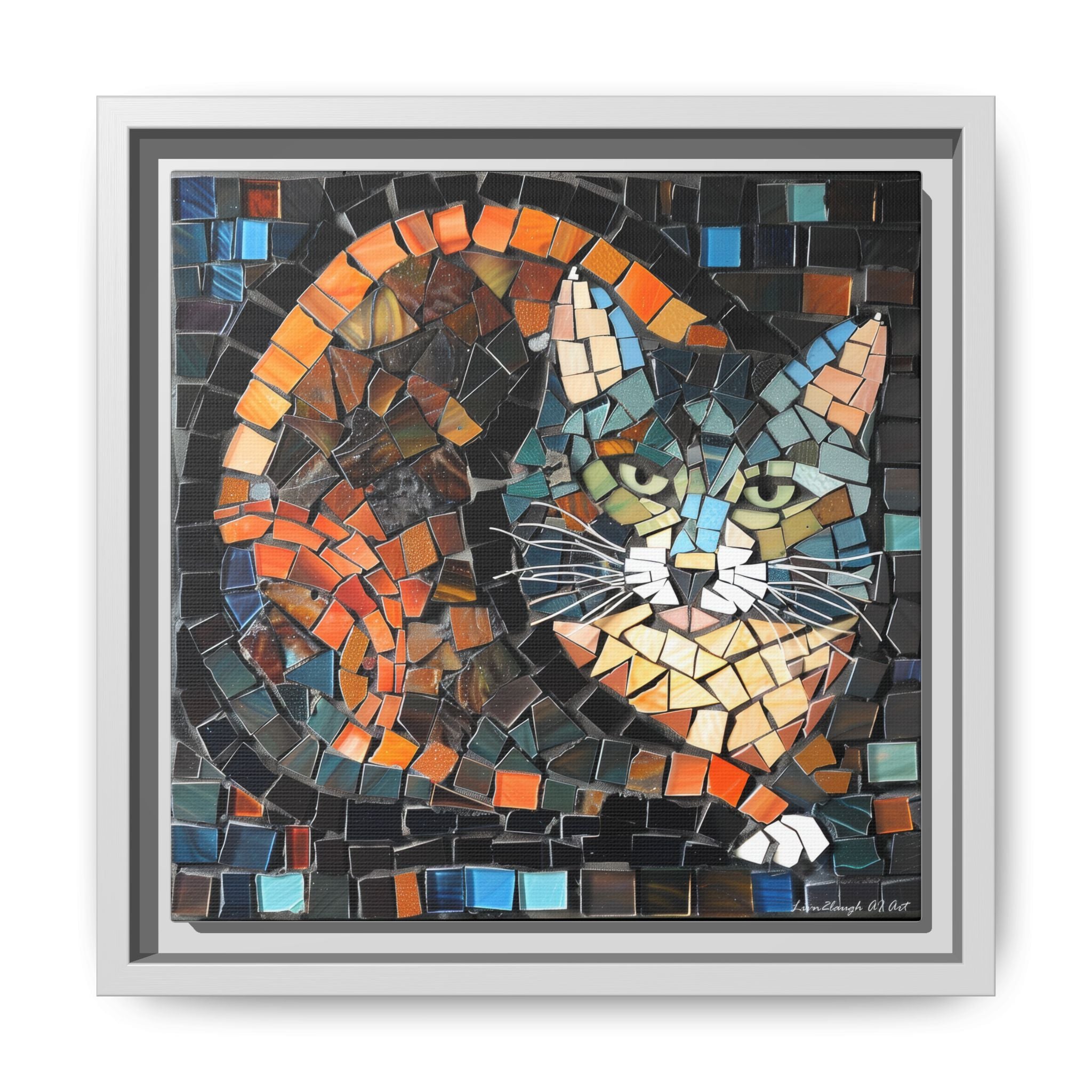 "Bold Mosaic Cat", Framed Mosaic Cat Art Print — Colorful Modern Wall Canvas