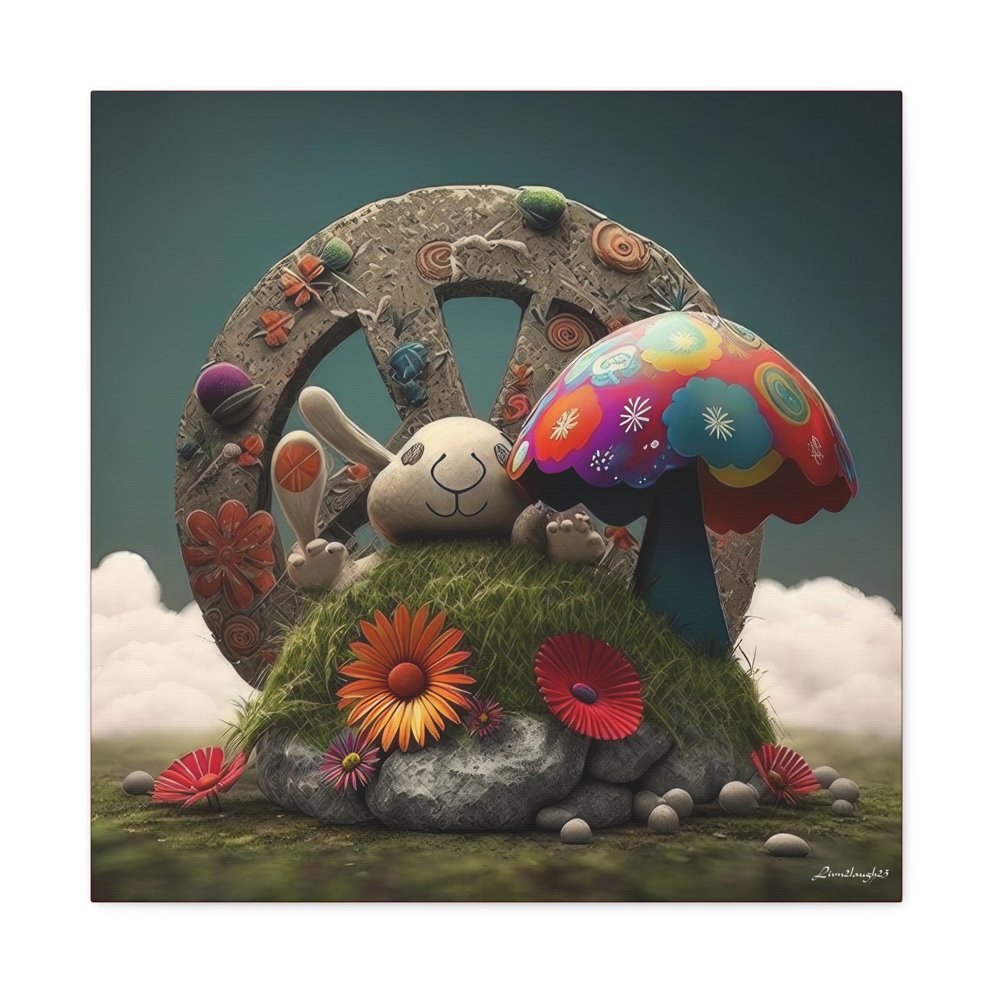 Beautiful Forest Round Peace Sign , Bunny Style Mushrooms  Flowers And Butterfly 12 Canvas Gallery Wraps