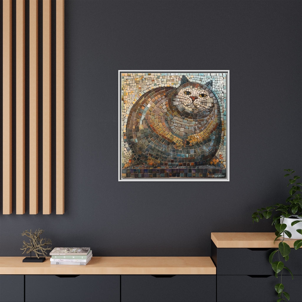 "Serene Mosaic Cat", Framed Mosaic Cat Art Print — Colorful Modern Wall Canvas