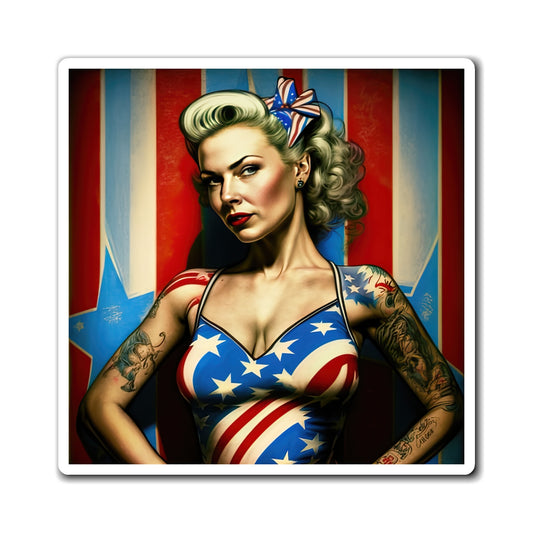 Retro Tattooed Pinup Blue, Red And White Star Magnet Style Six