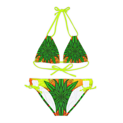 Beautifully Designed Orange, Yellow And Green Marijuana Leaf Strappy Bikini Set (AOP)