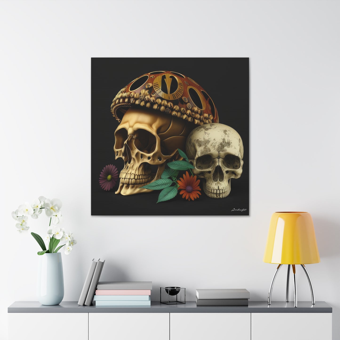 Double Skull With One Colorful Beautifully Detailed Helmet Purple Orange Flowers Canvas Gallery Wraps