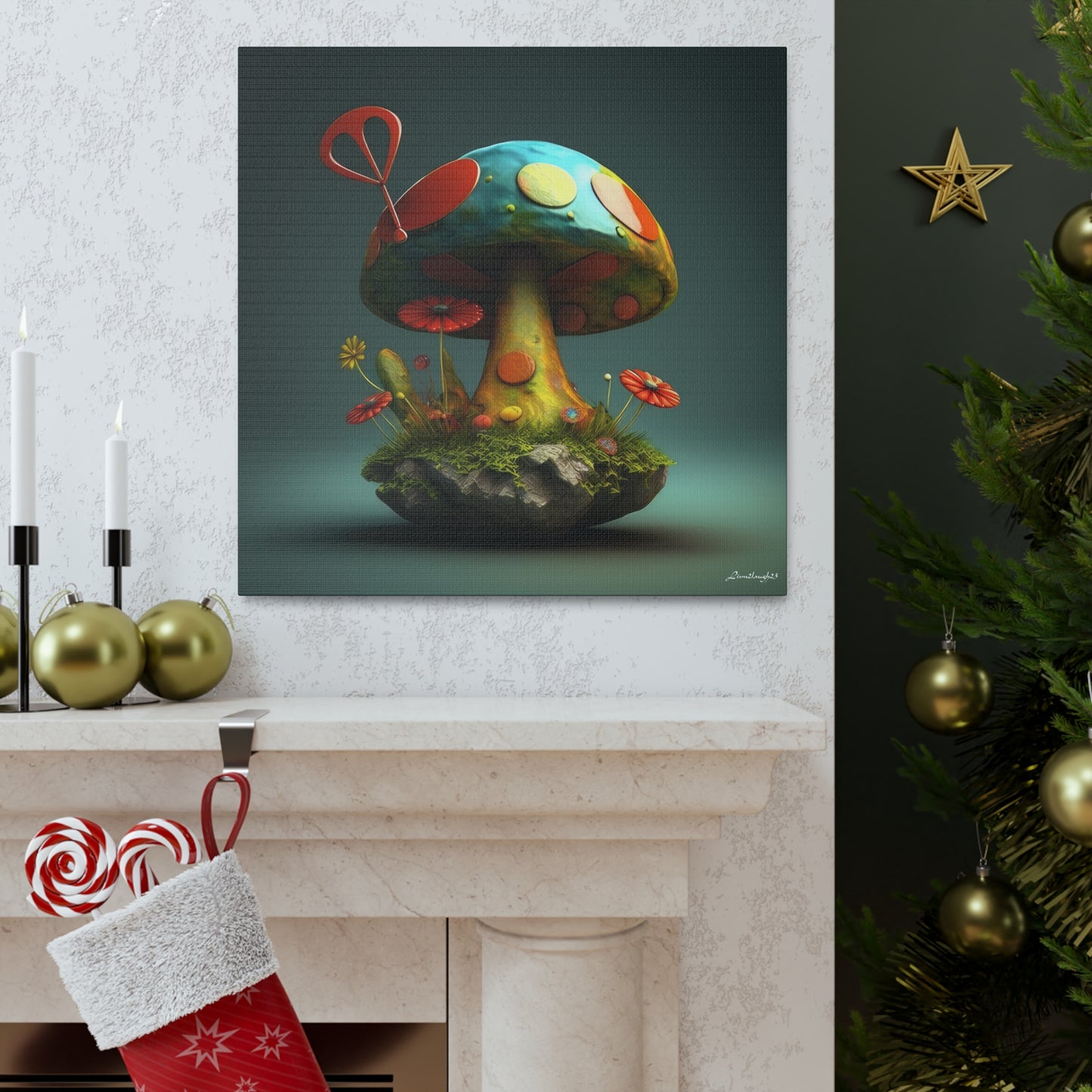 Sassy Colorful Blue Mushroom With Flowers Canvas Gallery Wraps