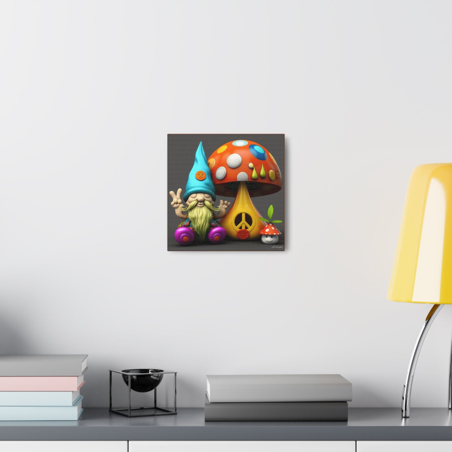 Gnome With Beautifully Detailed Green Orange With Colored Polka Dot Mushrooms And Cute Baby Mushroom Canvas Gallery Wraps