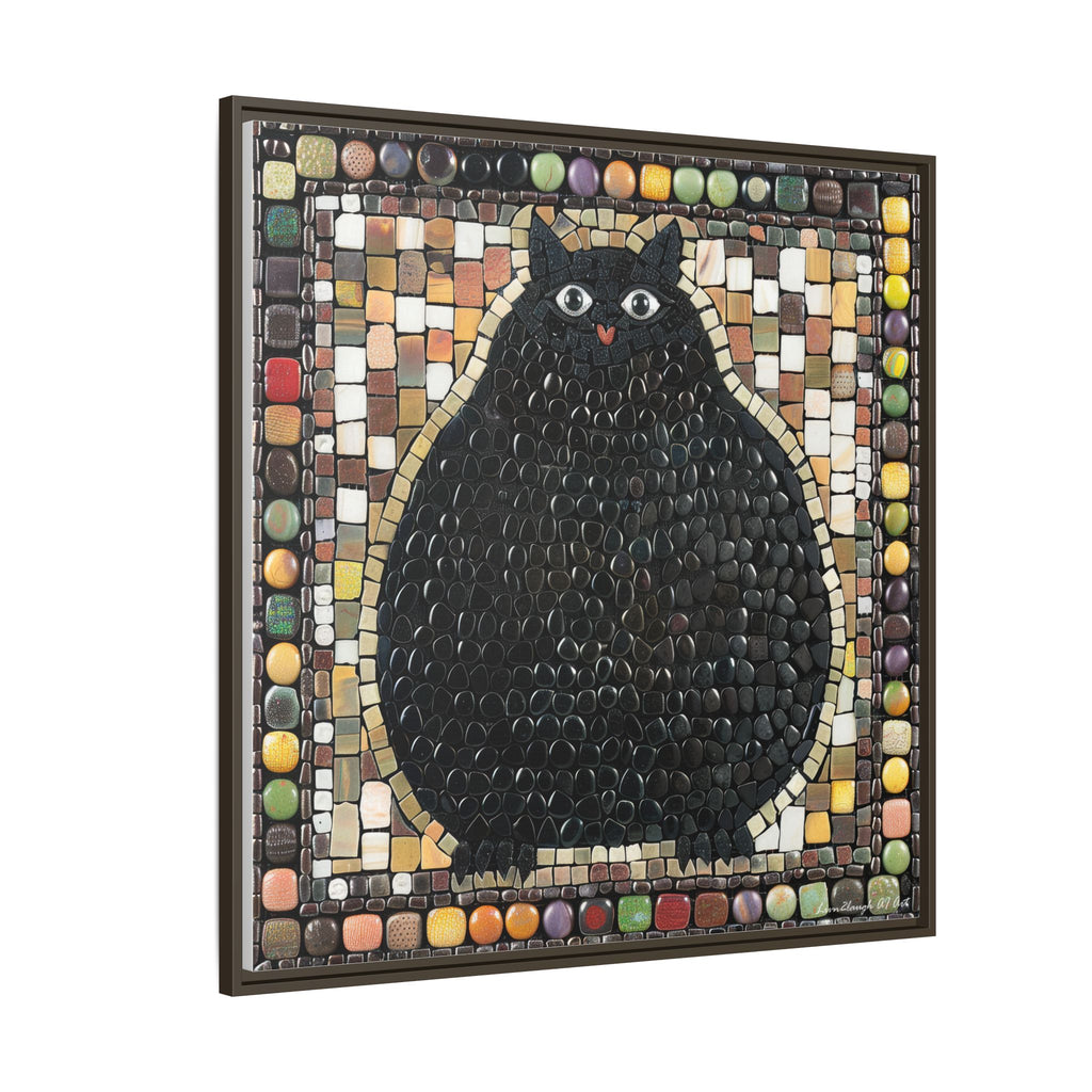 "Playful Black Cat Mosaic", Framed Mosaic Cat Art Print — Colorful Modern Wall Canvas