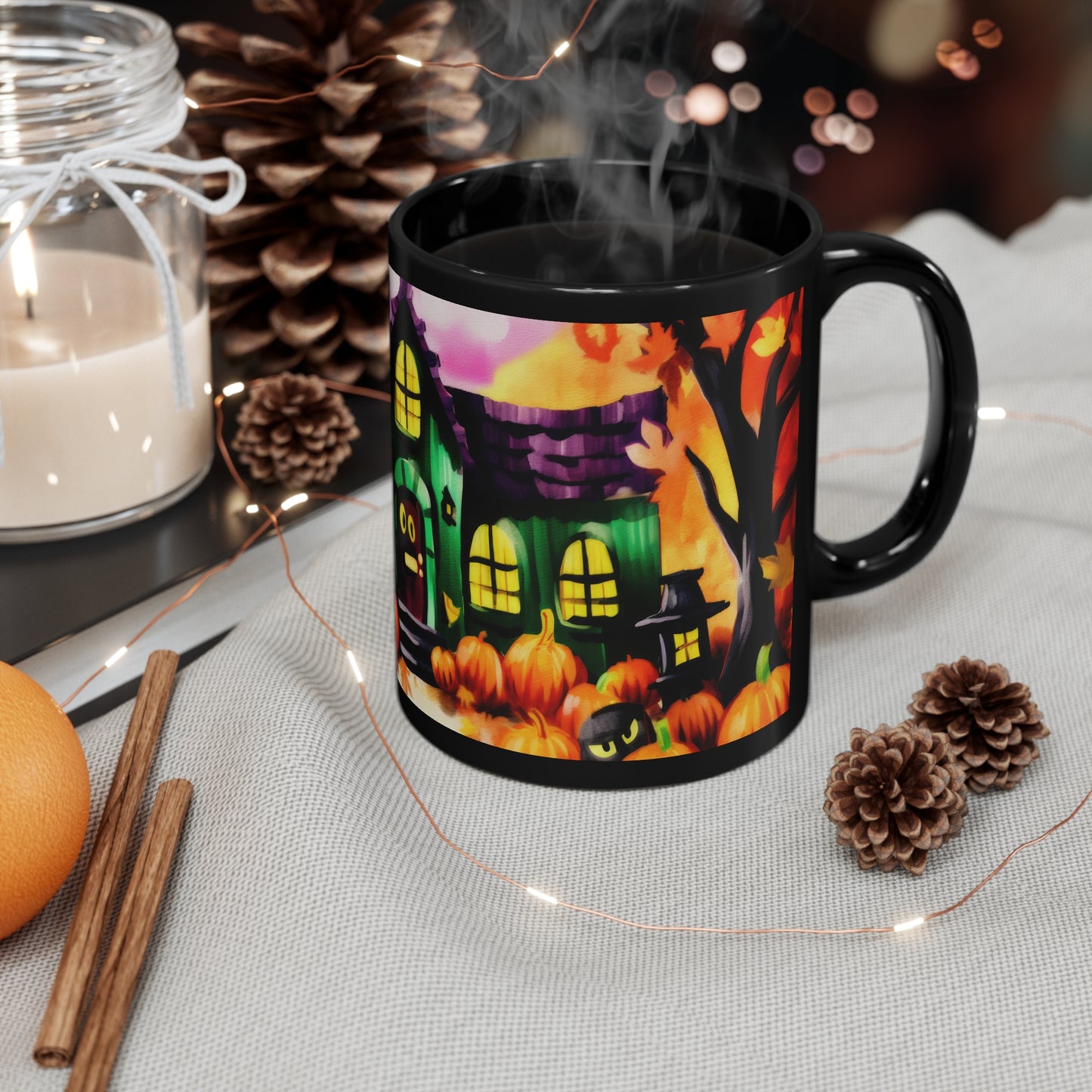 Fall Time School House With Lights On, Halloween Theme 11oz Black Mug