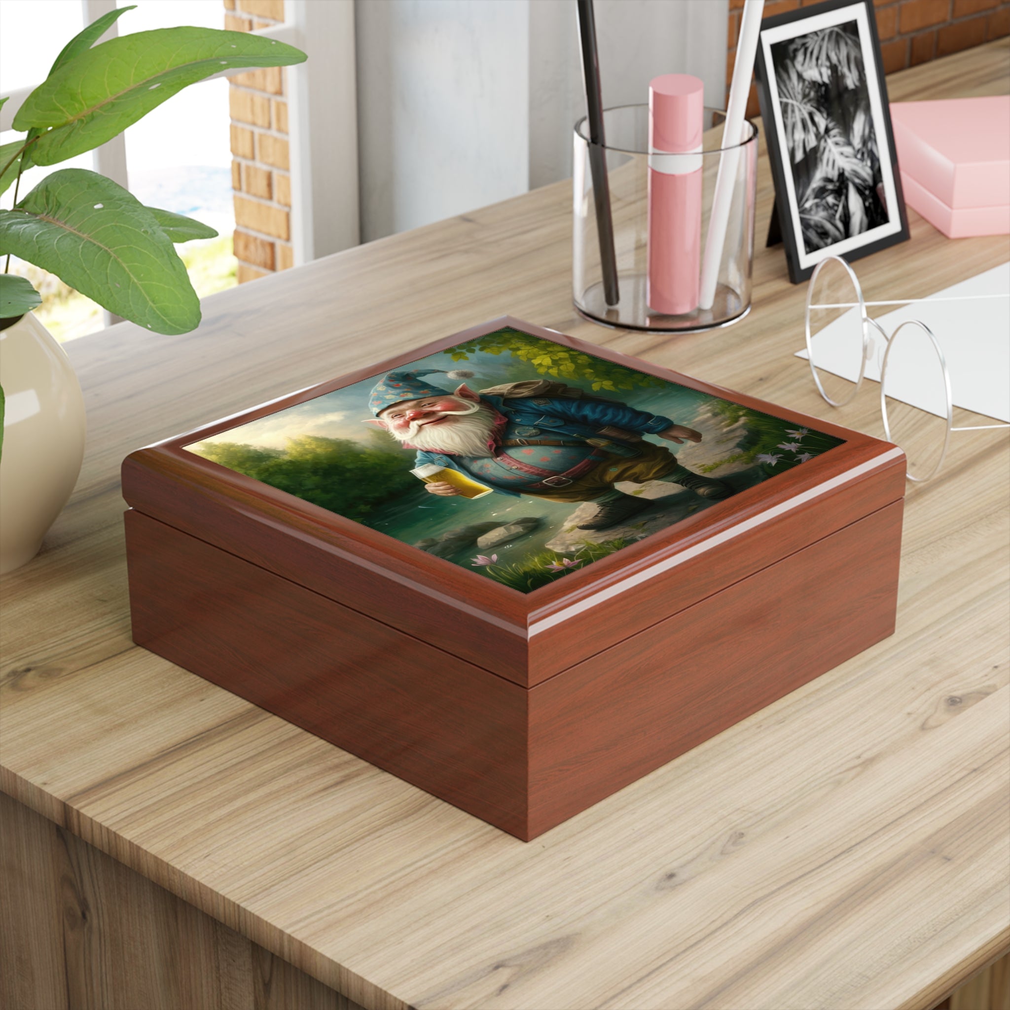 Smiling Gnome At River With Backpack, Beer in Hand Jewelry Box