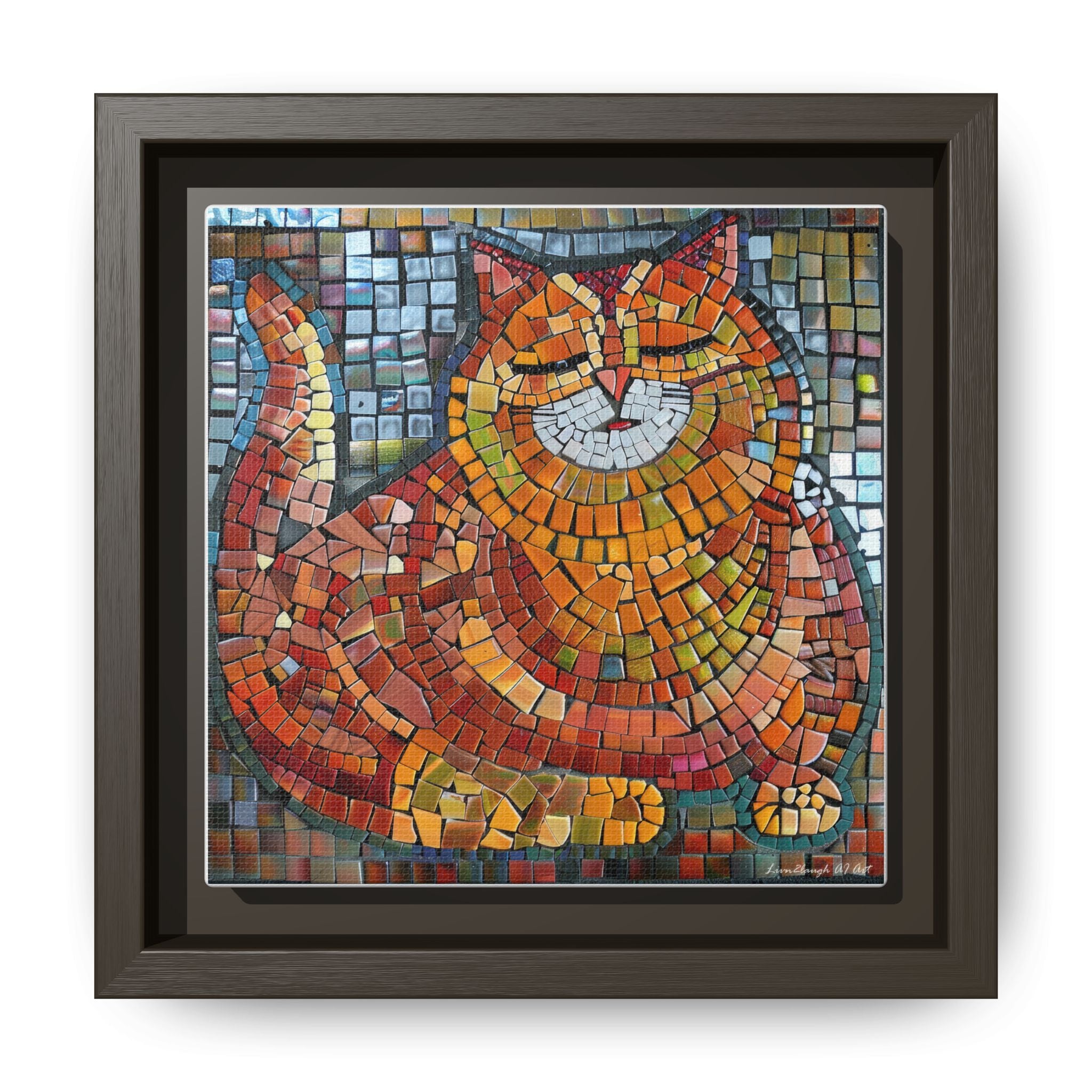Radiant Whiskers: The Joyful Cat, Framed Mosaic Cat Art Print — Colorful Modern Wall Canvas