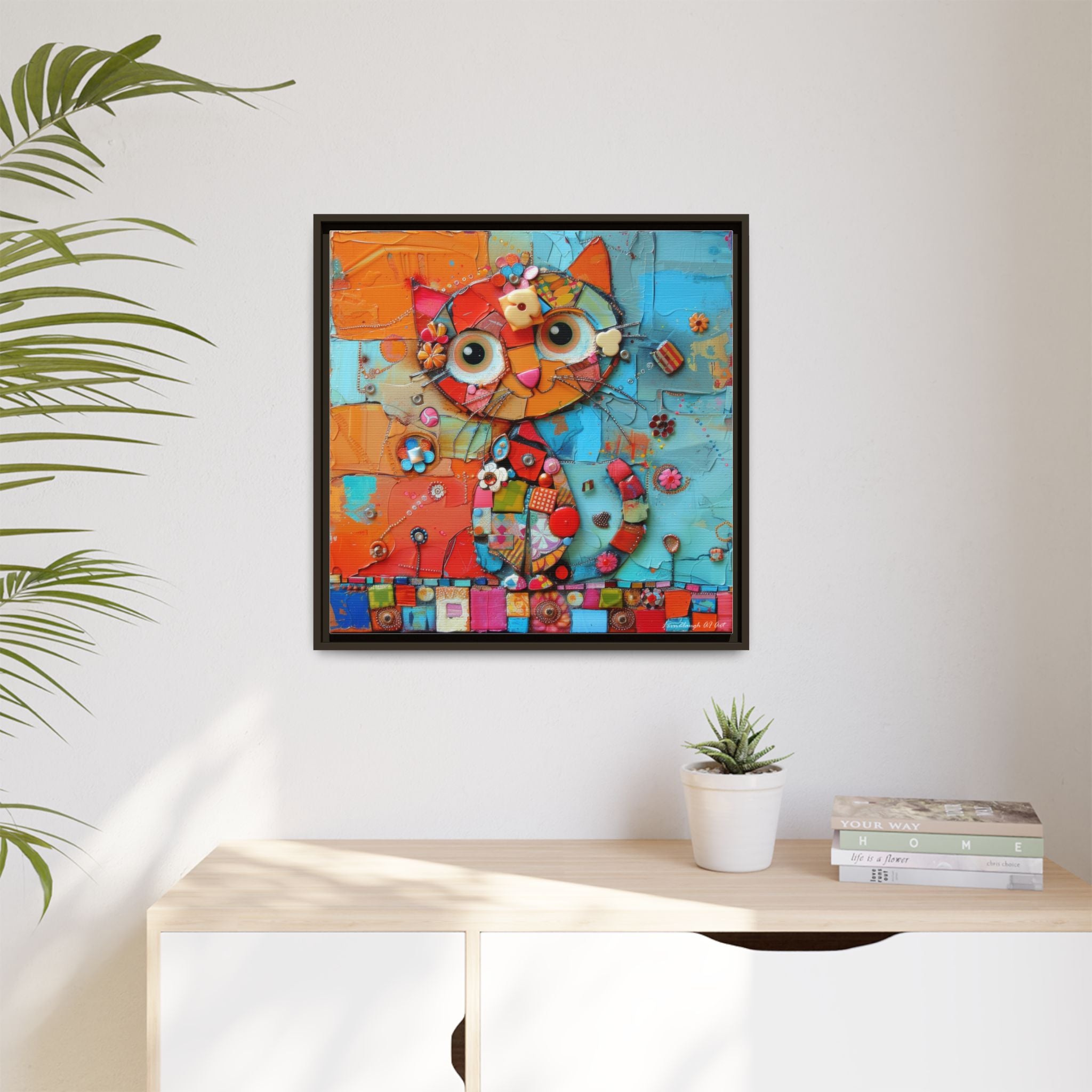 "Whimsical Mosaic Cat", Framed Mosaic Cat Art Print — Colorful Modern Wall Canvas