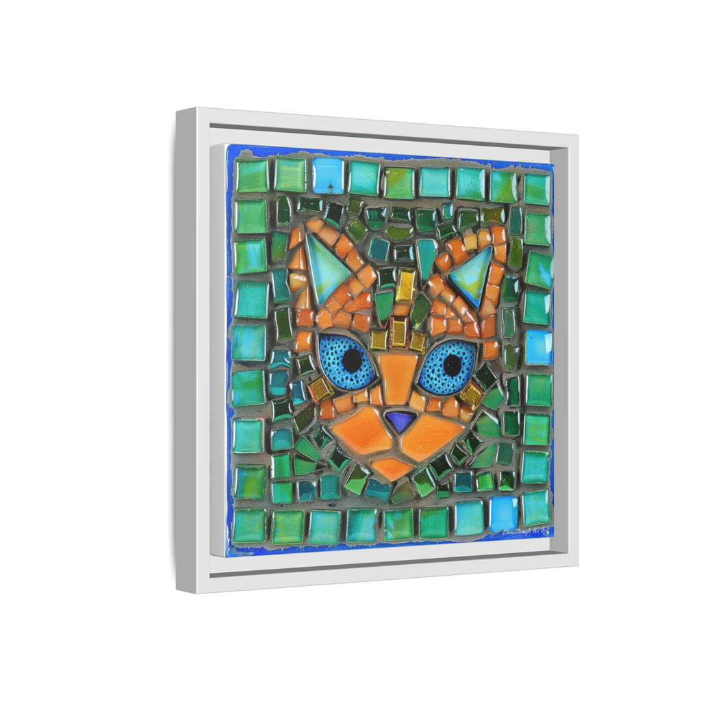 "Emerald Eyes Mosaic Cat", Framed Mosaic Cat Art Print — Colorful Modern Wall Canvas