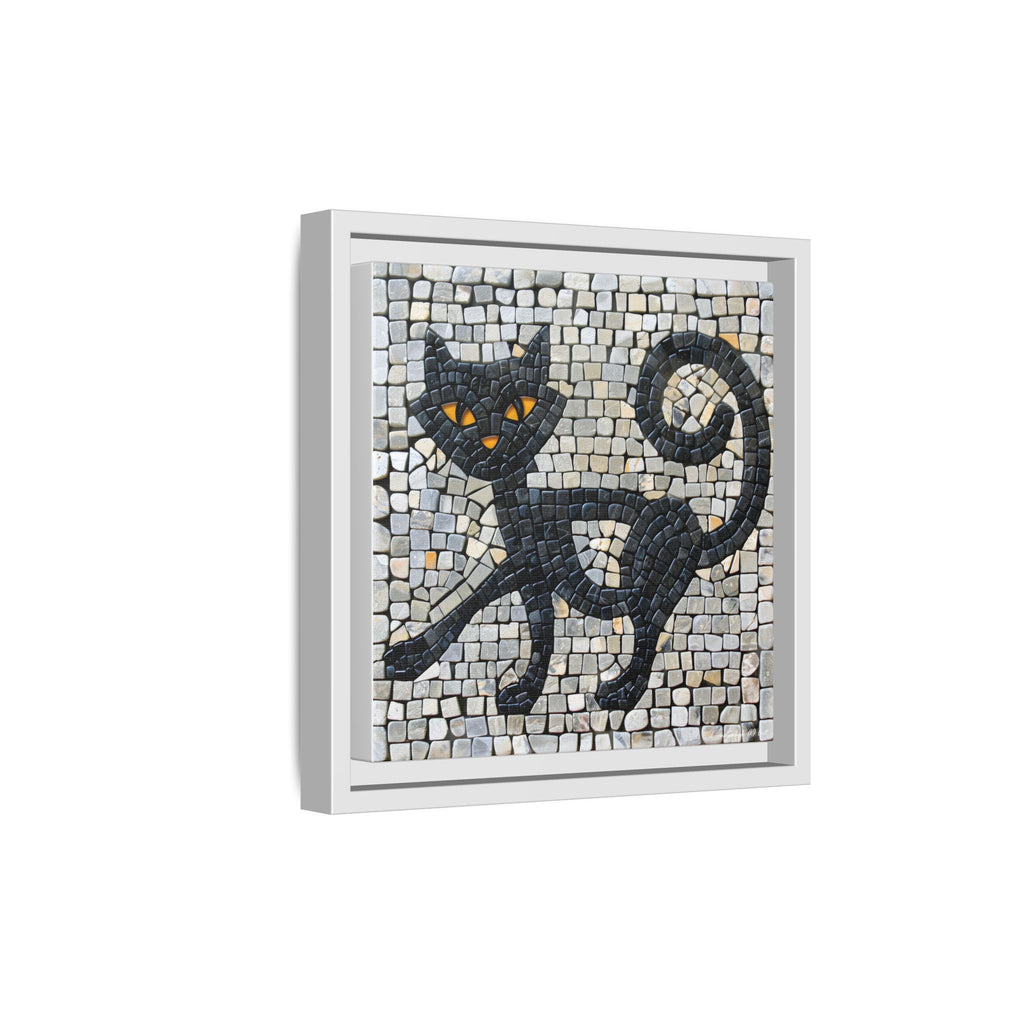 "Curious Black Cat Mosaic", Framed Mosaic Cat Art Print — Colorful Modern Wall Canvas