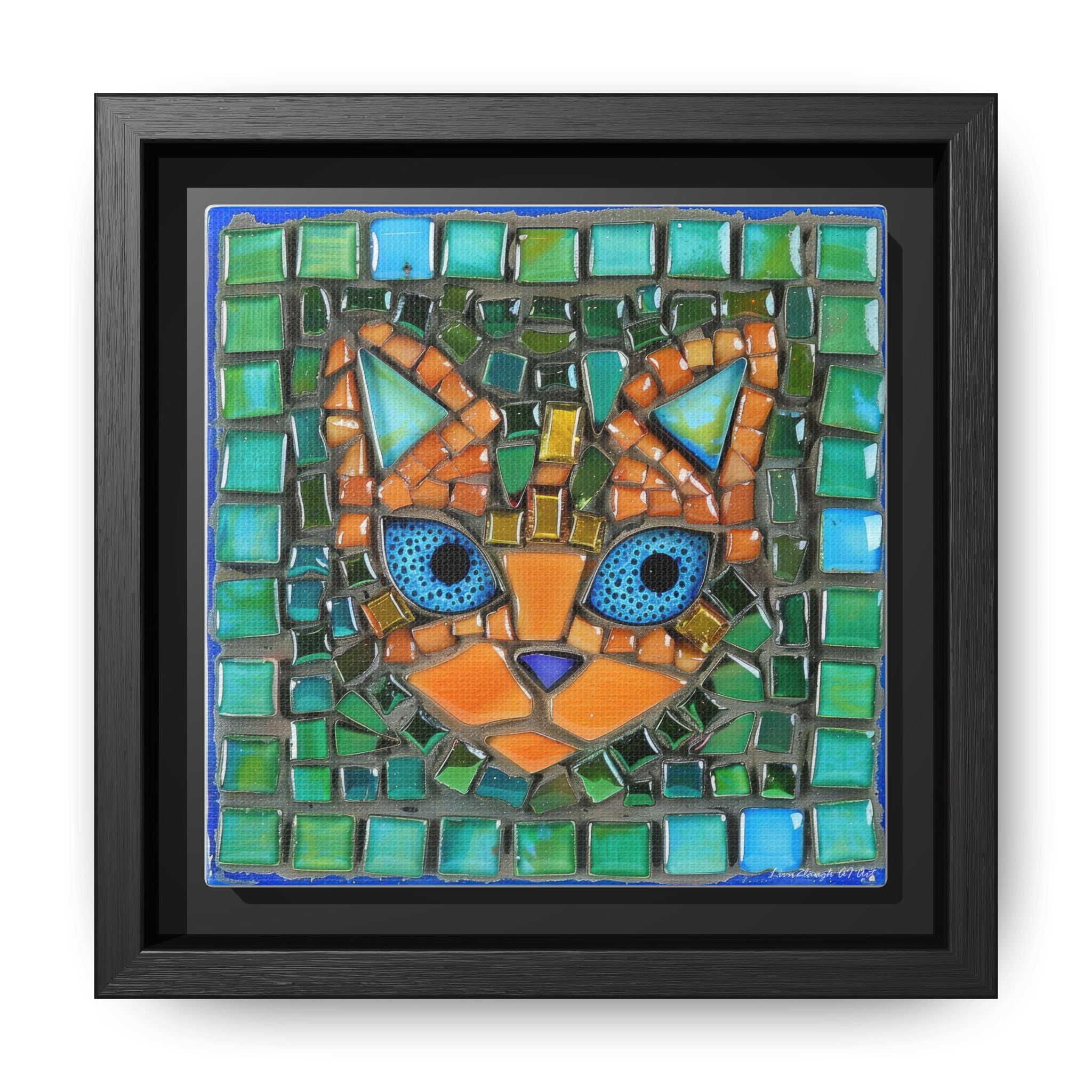"Emerald Eyes Mosaic Cat", Framed Mosaic Cat Art Print — Colorful Modern Wall Canvas