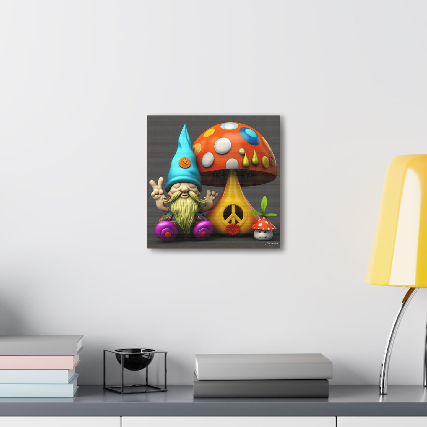 Gnome With Beautifully Detailed Green Orange With Colored Polka Dot Mushrooms And Cute Baby Mushroom Canvas Gallery Wraps