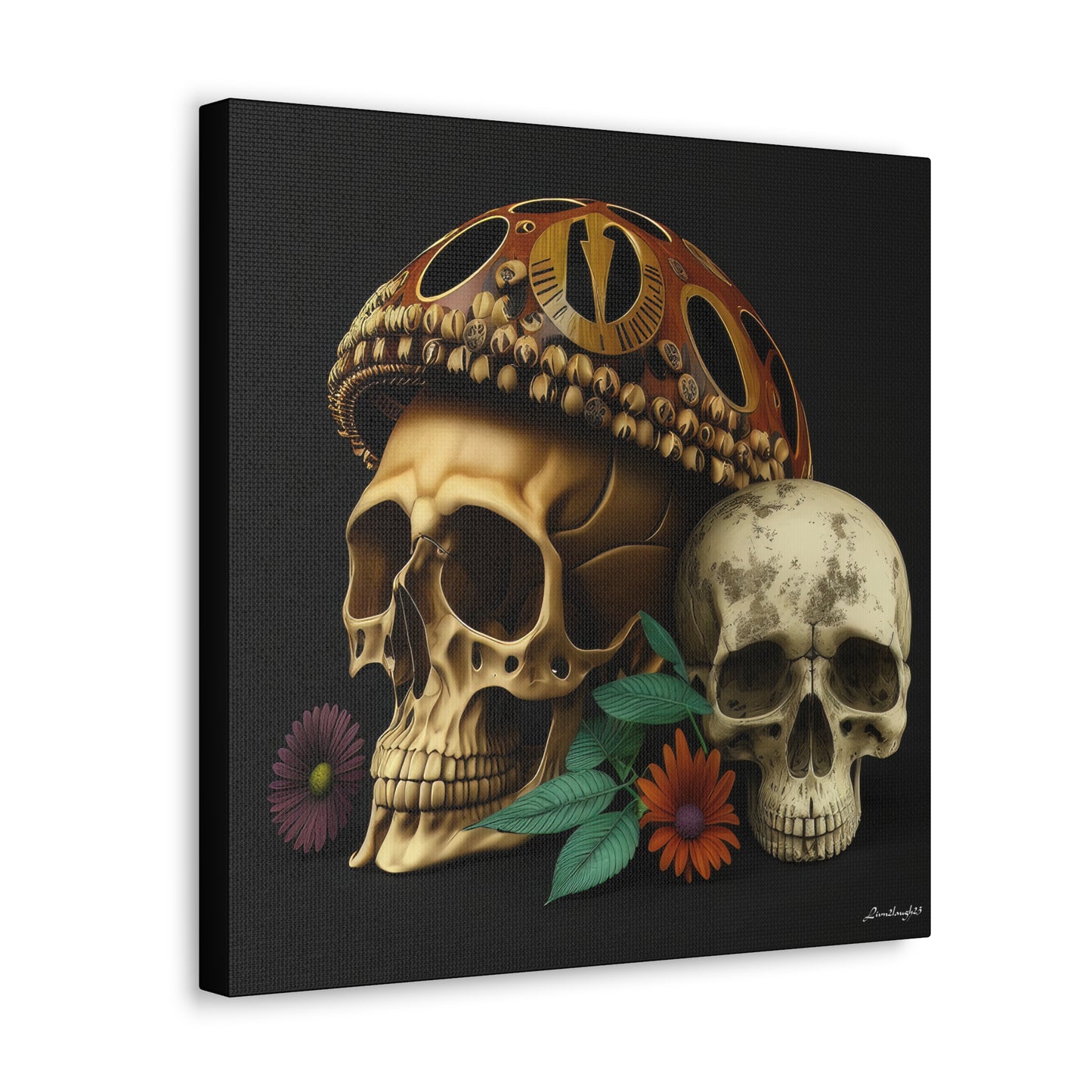 Double Skull With One Colorful Beautifully Detailed Helmet Purple Orange Flowers Canvas Gallery Wraps