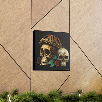 Double Skull With One Colorful Beautifully Detailed Helmet Purple Orange Flowers Canvas Gallery Wraps