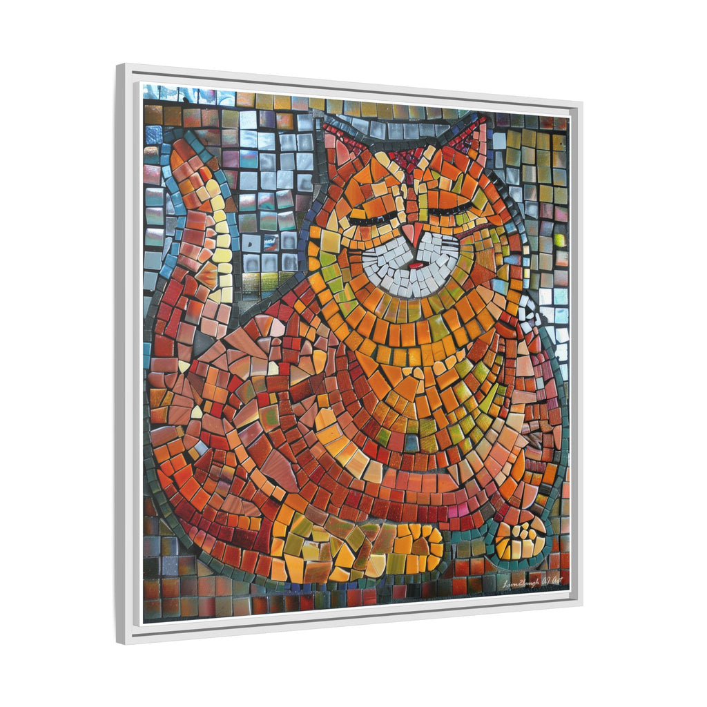 Radiant Whiskers: The Joyful Cat, Framed Mosaic Cat Art Print — Colorful Modern Wall Canvas