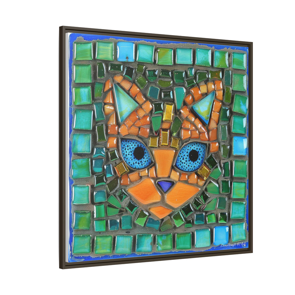 "Emerald Eyes Mosaic Cat", Framed Mosaic Cat Art Print — Colorful Modern Wall Canvas
