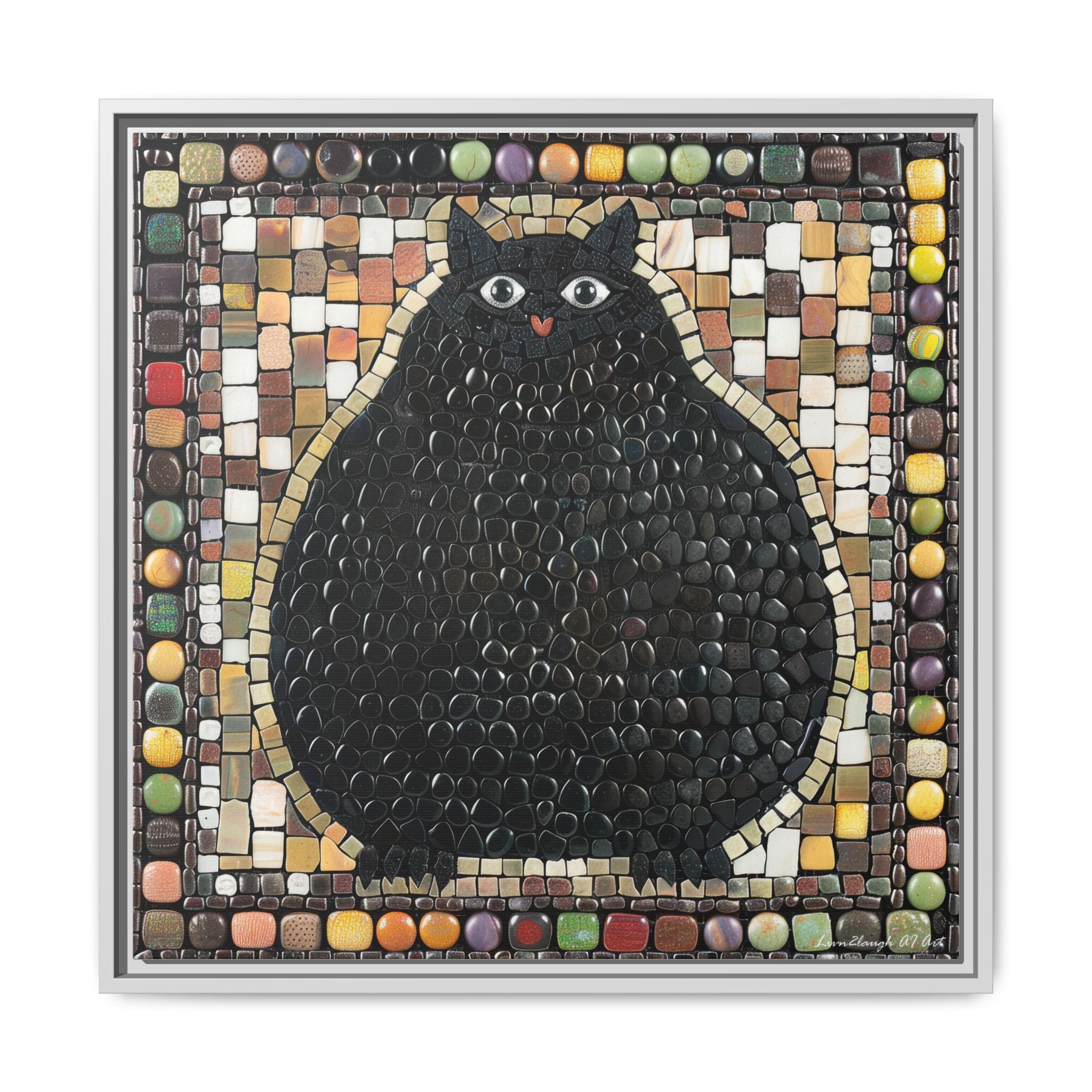 "Playful Black Cat Mosaic", Framed Mosaic Cat Art Print — Colorful Modern Wall Canvas