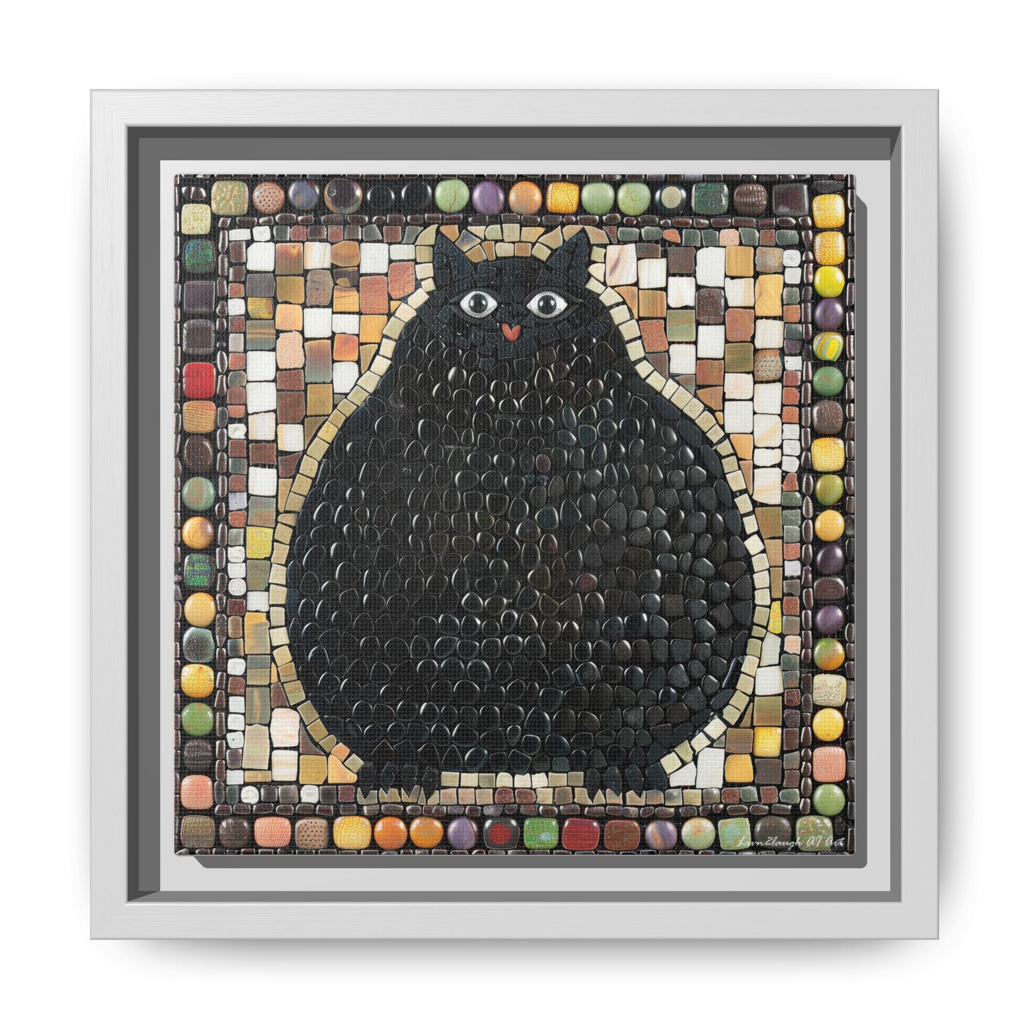 "Playful Black Cat Mosaic", Framed Mosaic Cat Art Print — Colorful Modern Wall Canvas