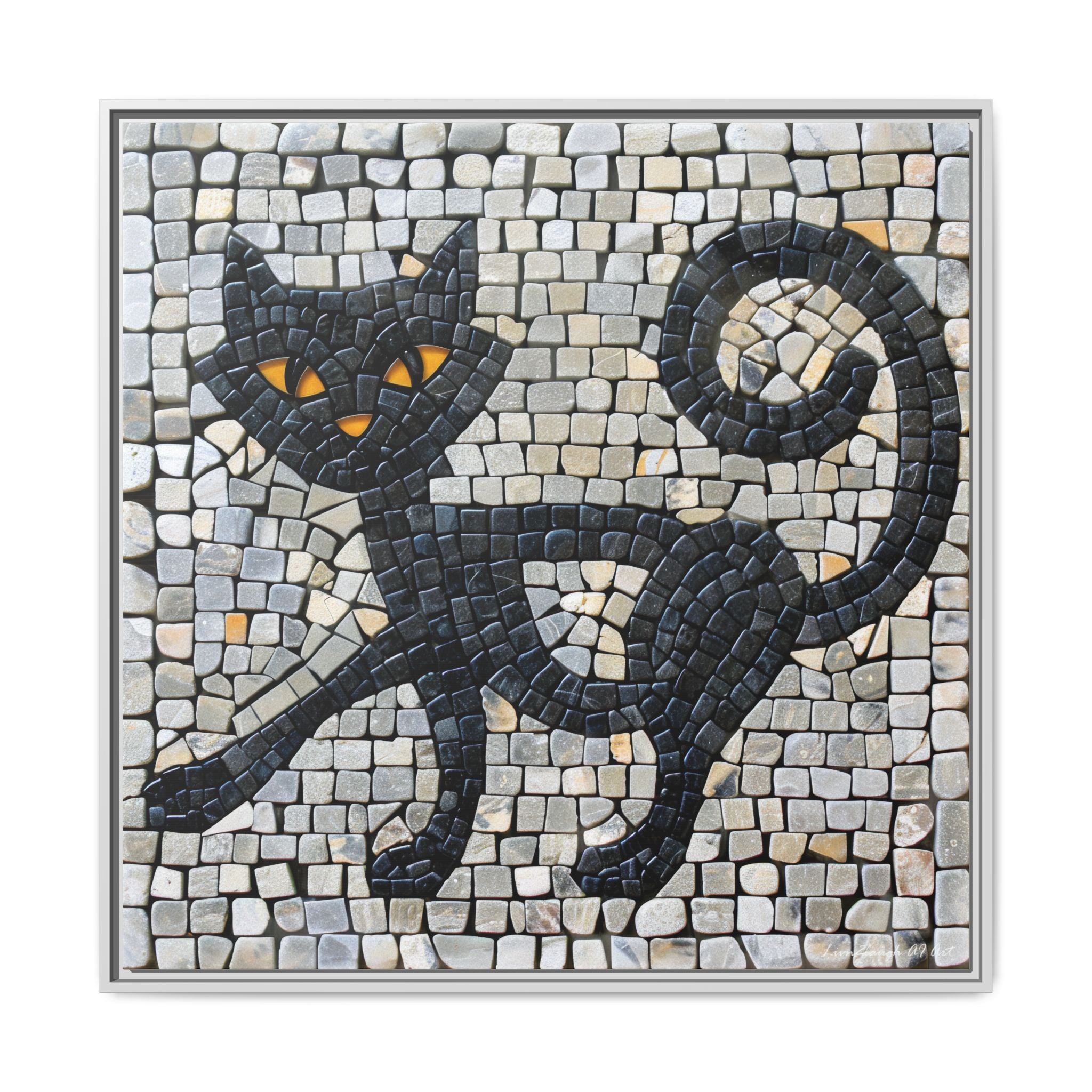 "Curious Black Cat Mosaic", Framed Mosaic Cat Art Print — Colorful Modern Wall Canvas