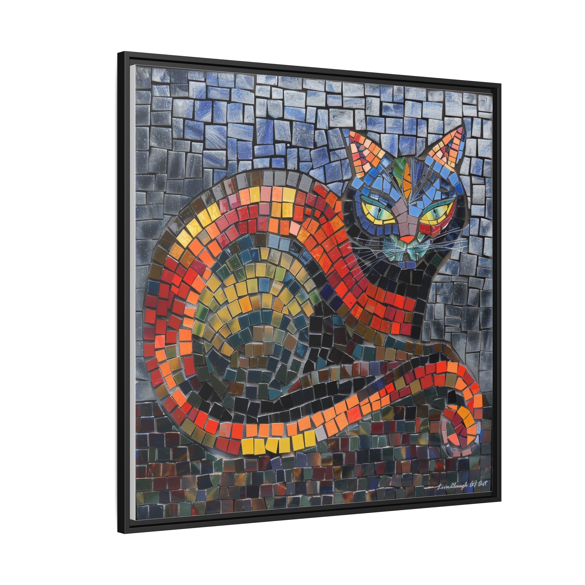 Mystic Shadows: The Enigmatic Cat, Framed Mosaic Cat Art Print — Colorful Modern Wall Canvas