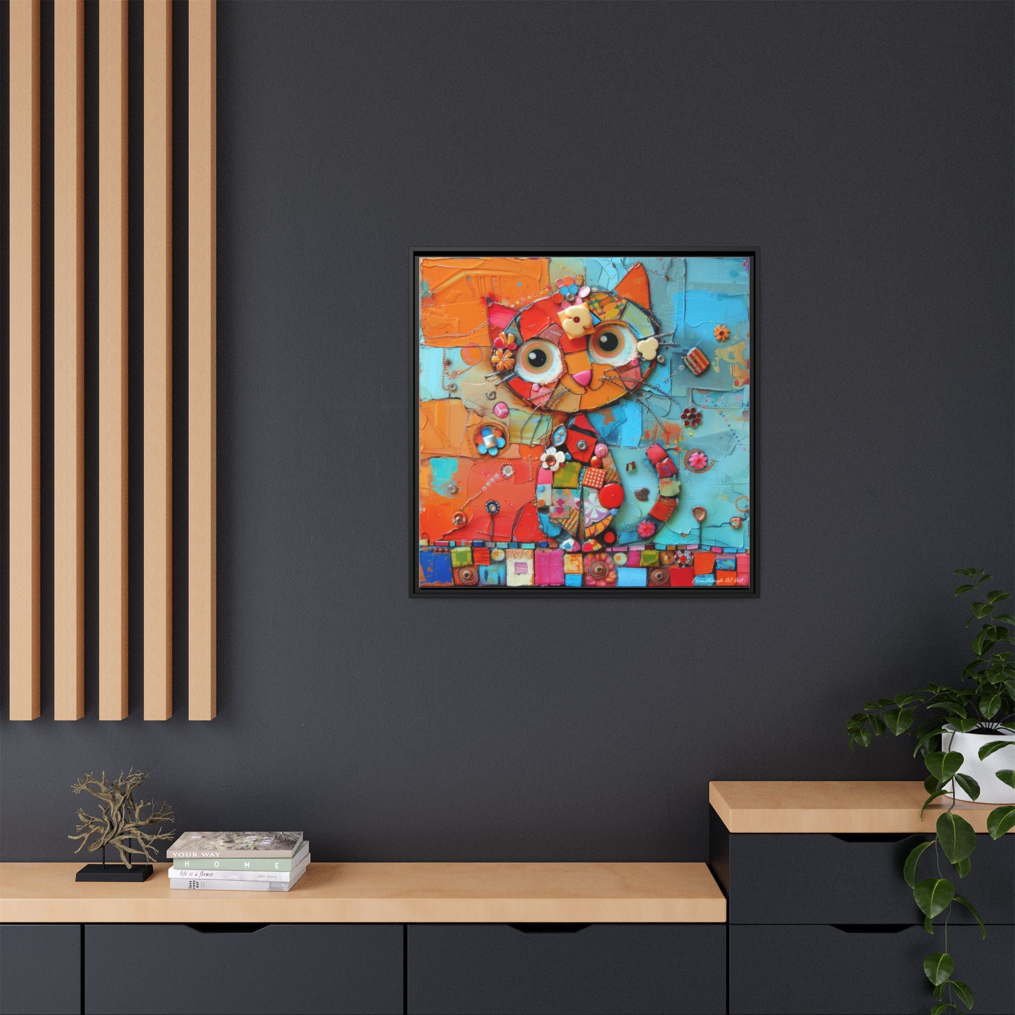 "Whimsical Mosaic Cat", Framed Mosaic Cat Art Print — Colorful Modern Wall Canvas