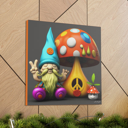 Gnome With Beautifully Detailed Green Orange With Colored Polka Dot Mushrooms And Cute Baby Mushroom Canvas Gallery Wraps