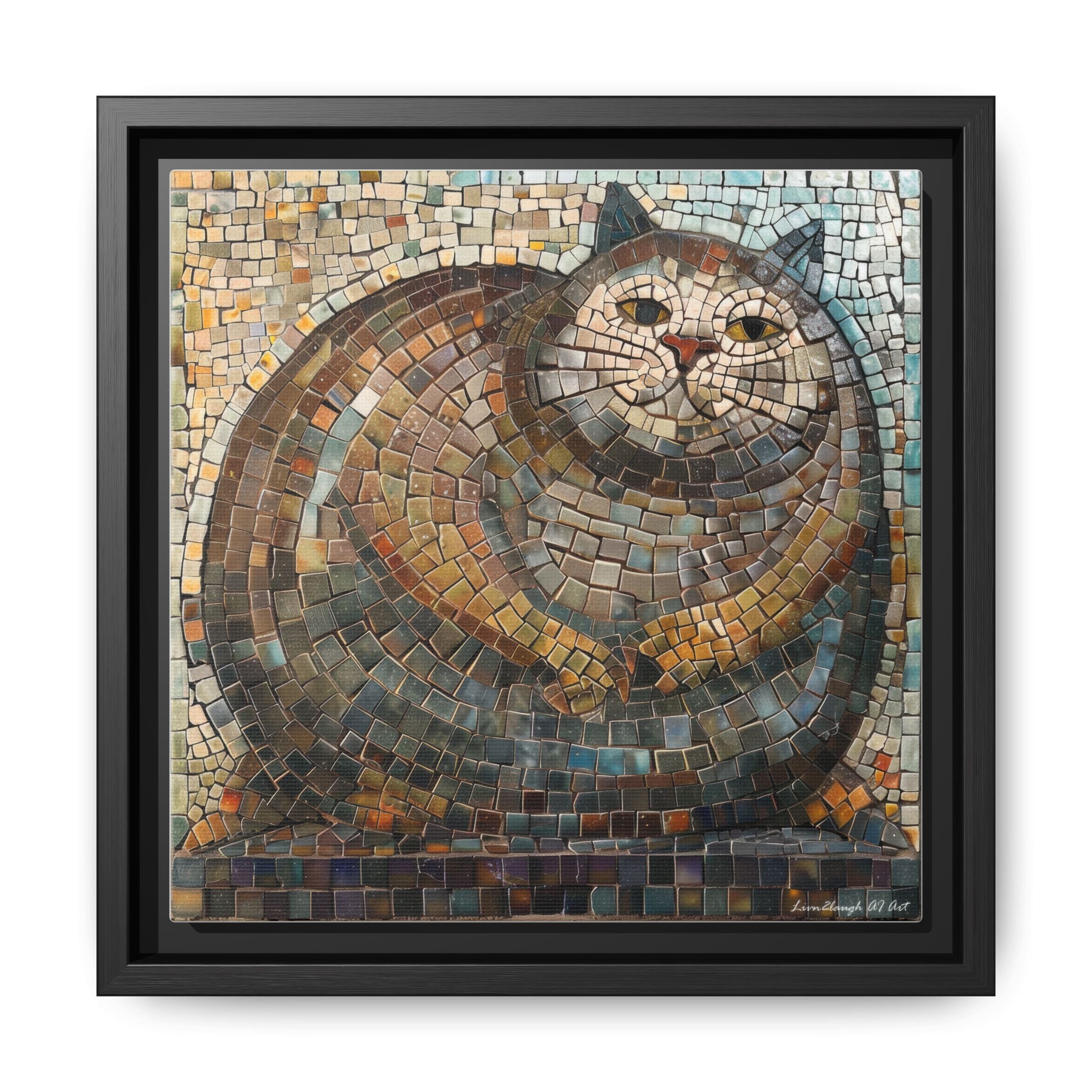 "Serene Mosaic Cat", Framed Mosaic Cat Art Print — Colorful Modern Wall Canvas
