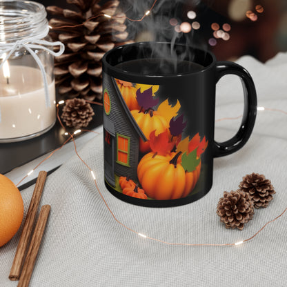 Homey Fall Time Pumpkins Theme With Black Cat 11oz Black Mug