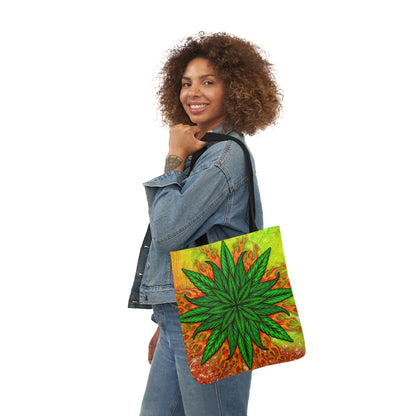 Beautifully Designed Orange, Yellow And Green Marijuana Leave Polyester Canvas Tote Bag (AOP)