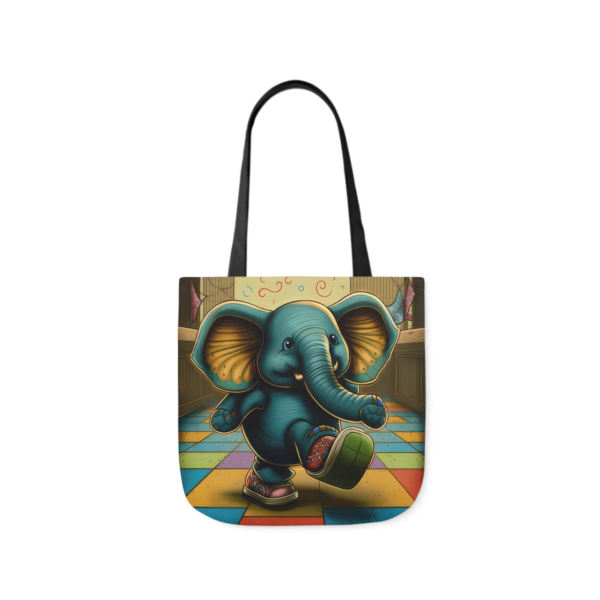 Elephant Kicking Leg On Colored Square Floor Polyester Canvas Tote Bag (AOP)