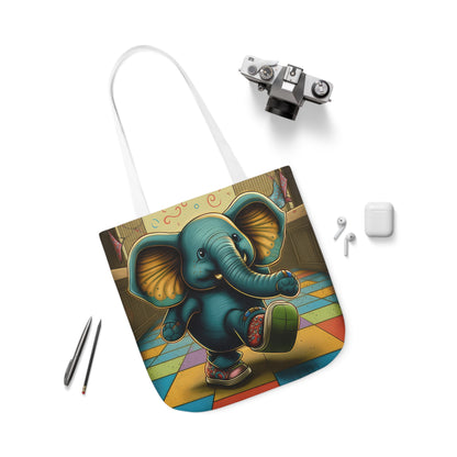 Elephant Kicking Leg On Colored Square Floor Polyester Canvas Tote Bag (AOP)