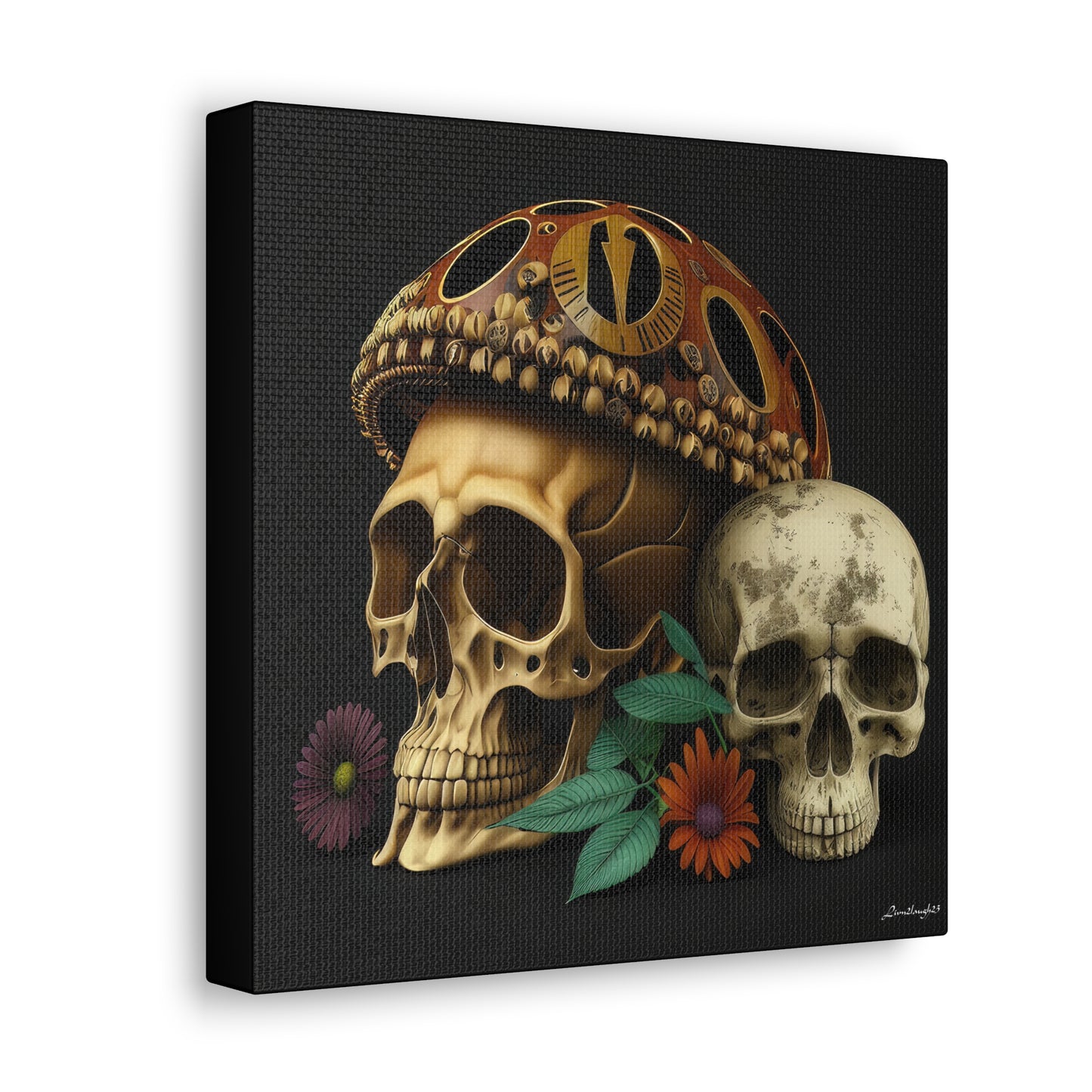 Double Skull With One Colorful Beautifully Detailed Helmet Purple Orange Flowers Canvas Gallery Wraps