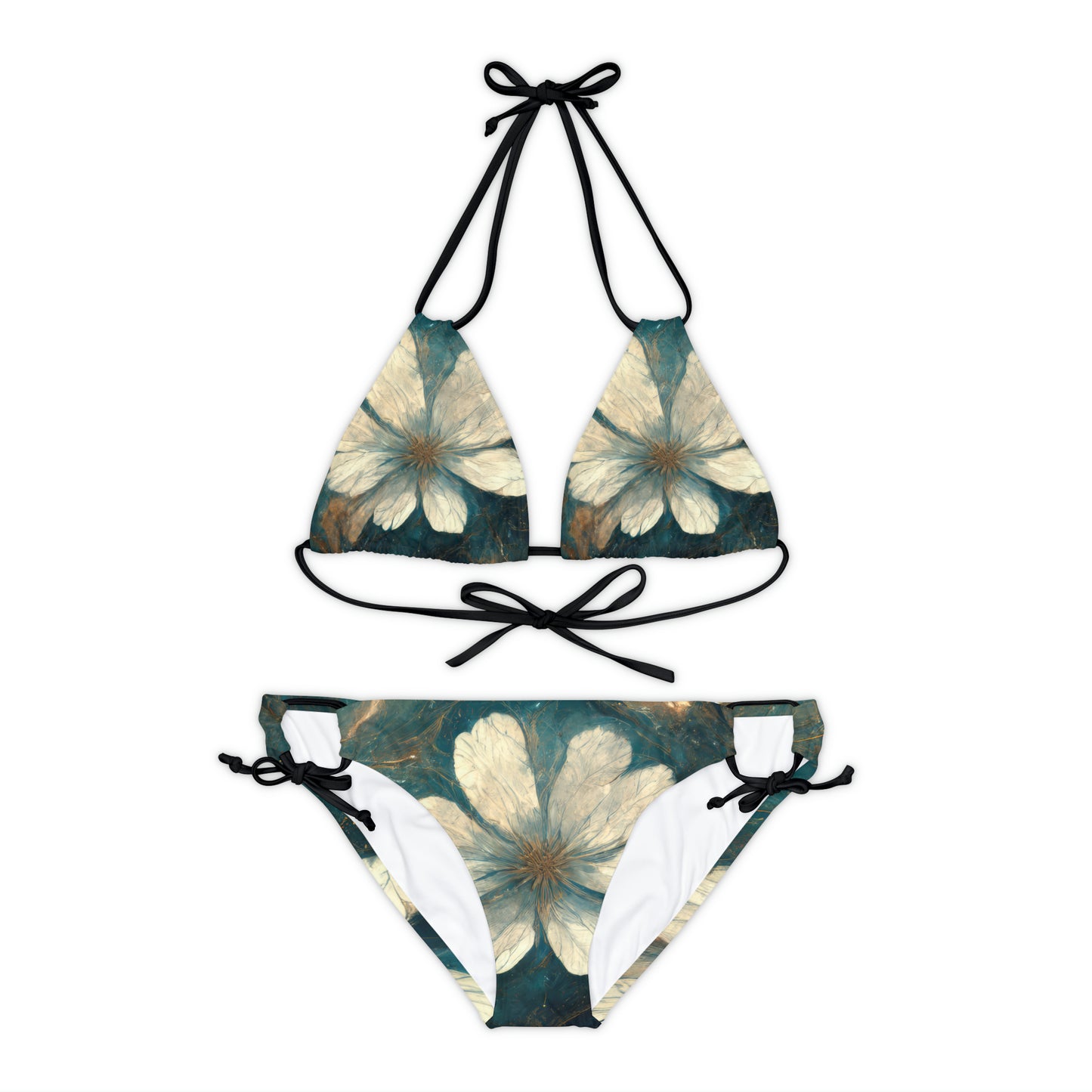 Bold And Beautiful White, Grey And Blue Floral Style 1 Strappy Bikini Set (AOP)