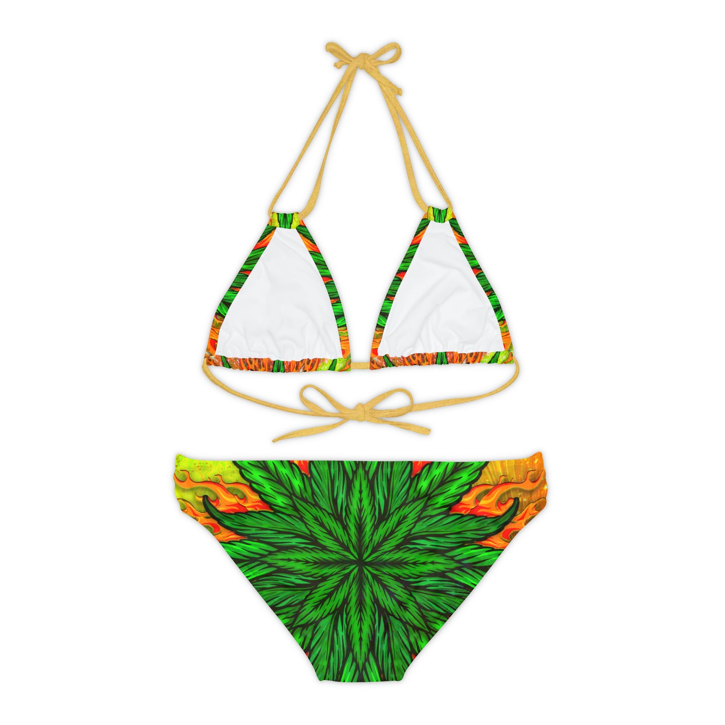 Beautifully Designed Orange, Yellow And Green Marijuana Leaf Strappy Bikini Set (AOP)